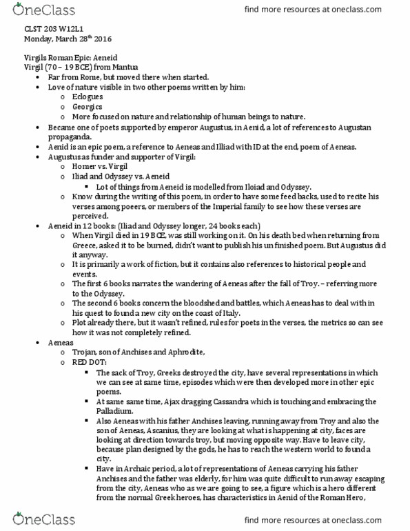 CLST 203 Lecture Notes - Lecture 22: Latinus, Alecto, Cumaean Sibyl thumbnail