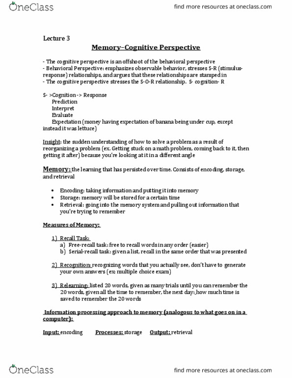 PSY 202 Lecture Notes - Lecture 3: Explicit Memory, Procedural Memory, Implicit Memory thumbnail