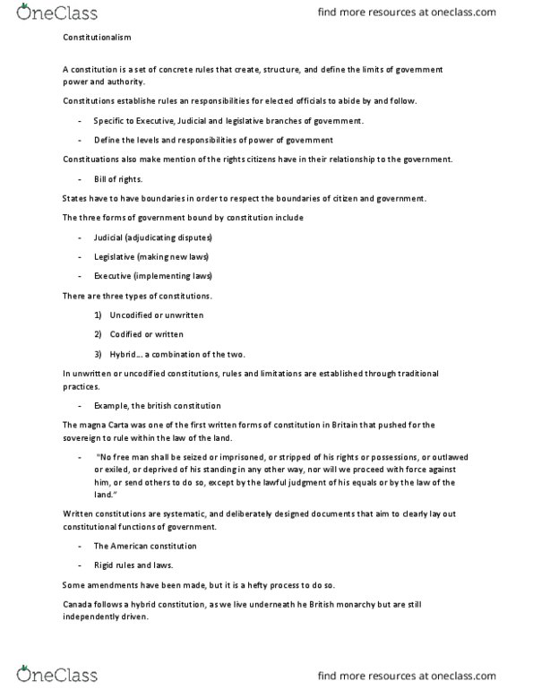 POLI 201 Chapter Notes - Chapter 7: Monarchy Of The United Kingdom, Constitution Of The United Kingdom, Constitutionalism thumbnail