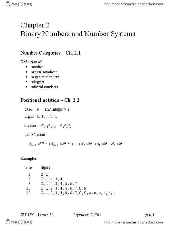 EECS 1520 Chapter Notes - Chapter 2: Octal, Positional Notation, Binary Number thumbnail