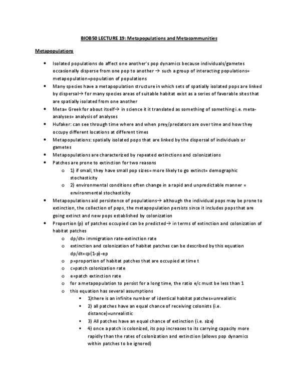 BIOC50H3 Lecture Notes - Northern Spotted Owl, Patch Dynamics, Metapopulation thumbnail