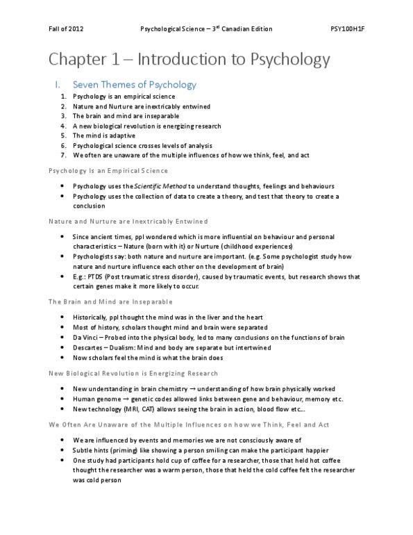 PSY100H1 Chapter Notes - Chapter 1: Posttraumatic Stress Disorder, Psychological Science, Wilhelm Wundt thumbnail