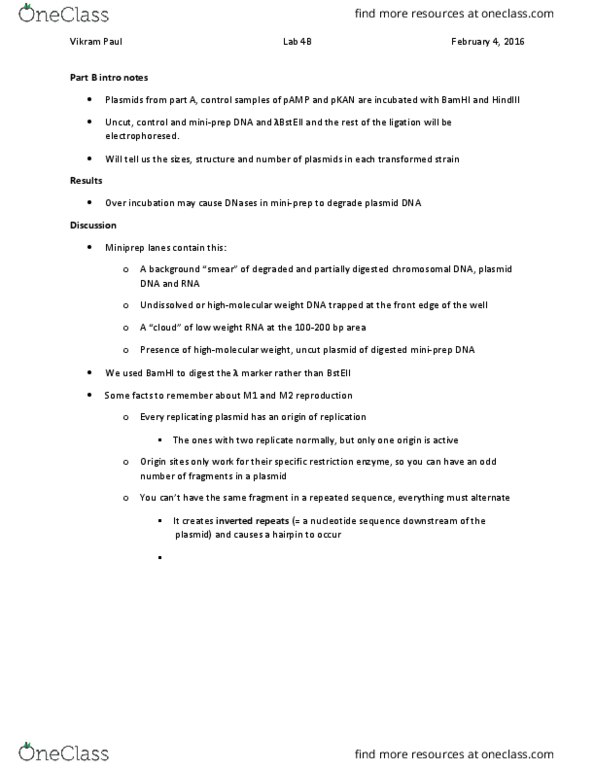 BIO370Y5 Lecture Notes - Lecture 4: Bamhi, Hindiii, Plasmid thumbnail