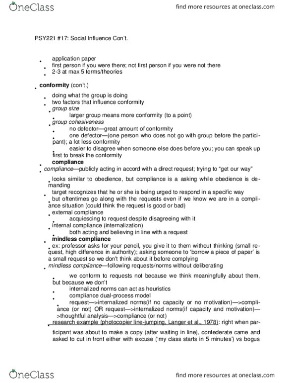 PSY 221 Lecture Notes - Lecture 17: Social Influence, Group Cohesiveness, Photocopier thumbnail