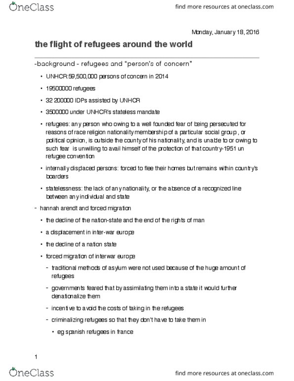 POL101Y1 Lecture Notes - Lecture 6: European Migrant Crisis, Refugees Of The Syrian Civil War, Convention Relating To The Status Of Refugees thumbnail