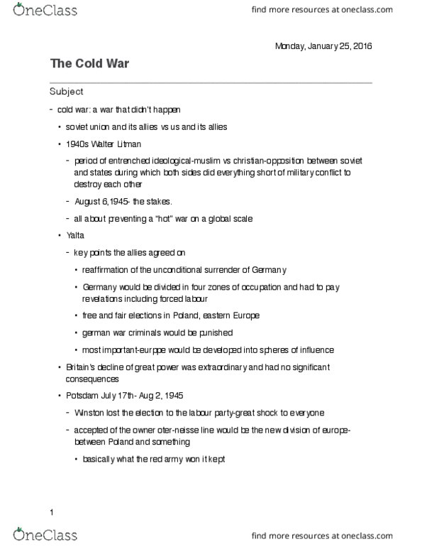 POL101Y1 Lecture Notes - Lecture 1: Berlin Blockade, Peace Movement, Nikita Khrushchev thumbnail