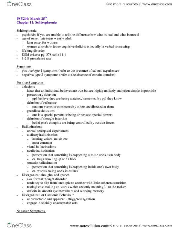 PSY240H1 Lecture : Textbook note-Chapter 11-Schizophrenia Mar 25 thumbnail