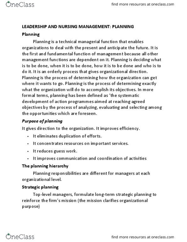 Nursing NUR402 Lecture Notes - Lecture 8: Time Horizon, Strategic Planning, Middle Management thumbnail