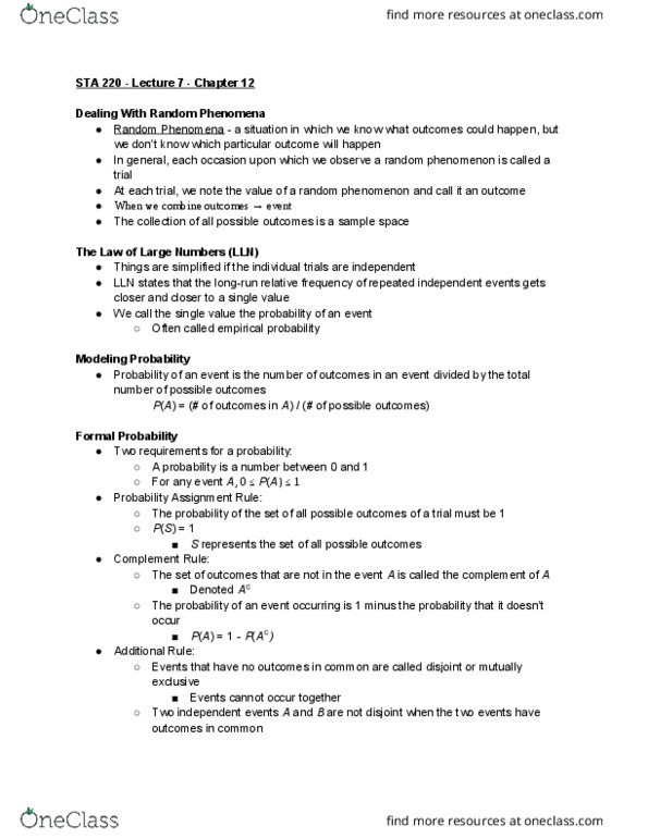 STA 220 Lecture Notes - Lecture 7: Empirical Probability, Sample Space thumbnail