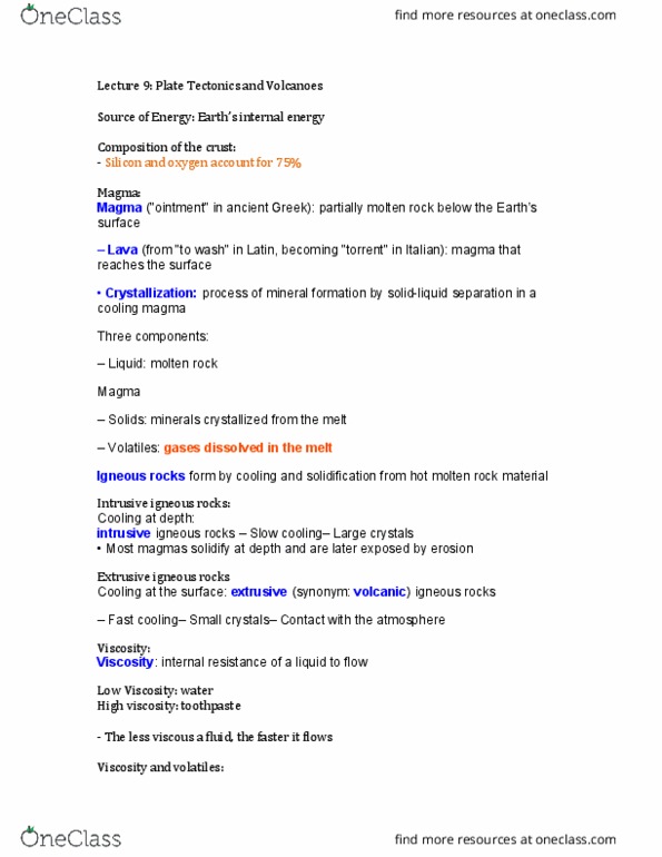 ERTH 2415 Lecture Notes - Lecture 9: Volcanic Glass, Andesite, Partial Melting thumbnail