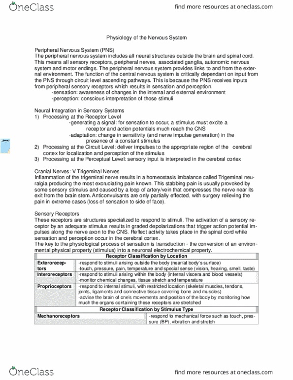 ANP 1106 Lecture Notes - Lecture 14: Transient Receptor Potential Channel, Trigeminal Nerve, Peripheral Nervous System thumbnail