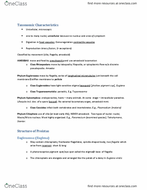 BIOL 2030 Chapter Notes - Chapter 1: Euglenozoa, Euglena, Lobopodia thumbnail