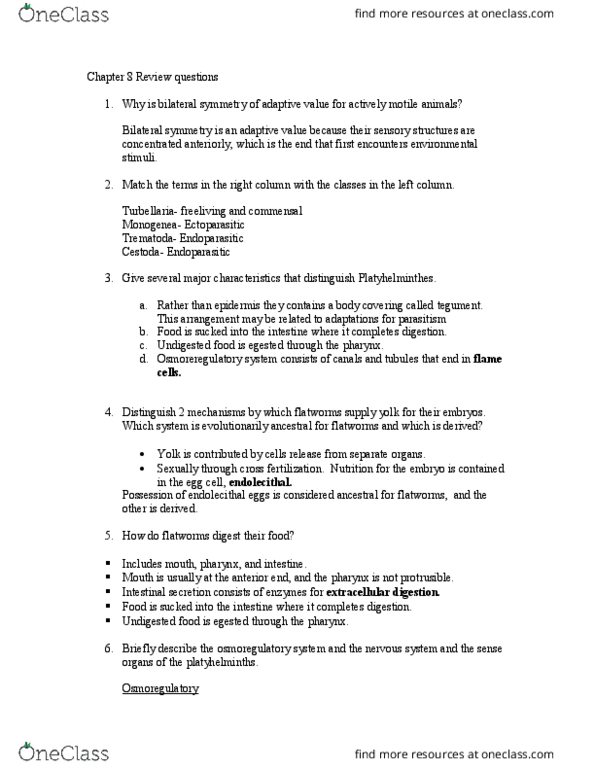 BIOL 2030 Chapter Notes - Chapter 8: Symmetry In Biology, Osmoregulation, Turbellaria thumbnail