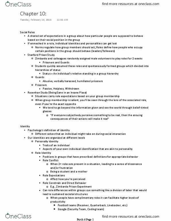 PSYC 6 Lecture Notes - Lecture 11: Social Identity Theory, Stanford Prison Experiment, Christian Identity thumbnail