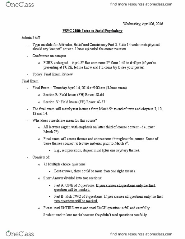 PSYC 2100 Lecture Notes - Lecture 37: April 6, Pole And Polar, Multiple Choice thumbnail