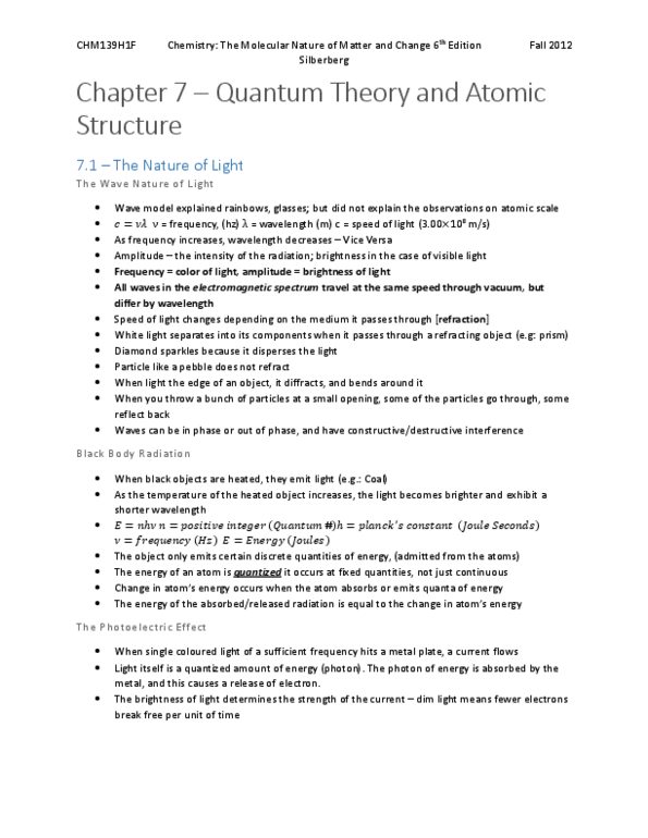 CHM135H1 Chapter Notes - Chapter 7: Rydberg Formula, Electromagnetic Spectrum, Bohr Model thumbnail