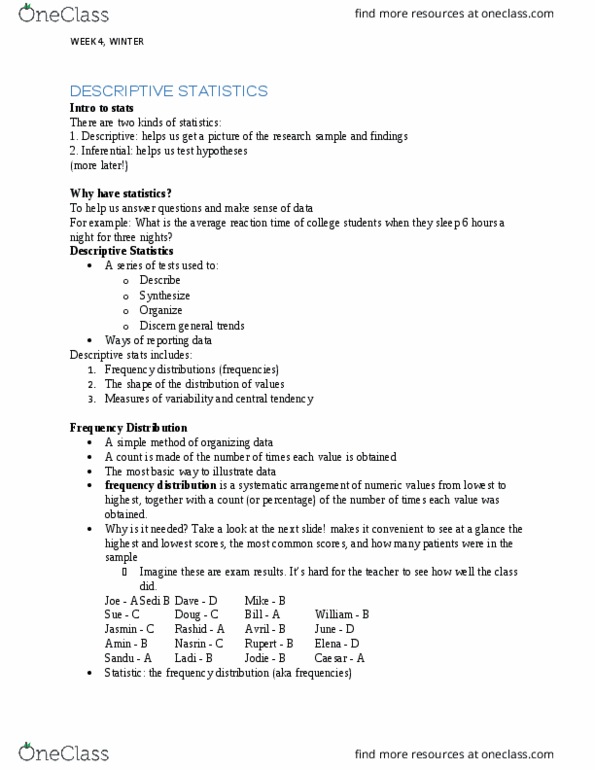 NUR 80A/B Lecture Notes - Lecture 4: Statistical Inference, Frequency Distribution, Central Tendency thumbnail