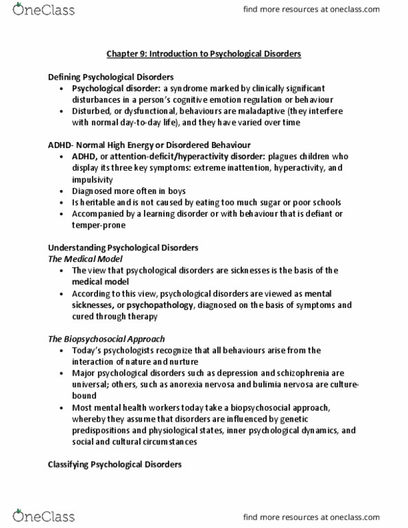 PSY 202 Chapter Notes - Chapter 9: Mental Disorder, Biopsychosocial Model, Psychopathology thumbnail