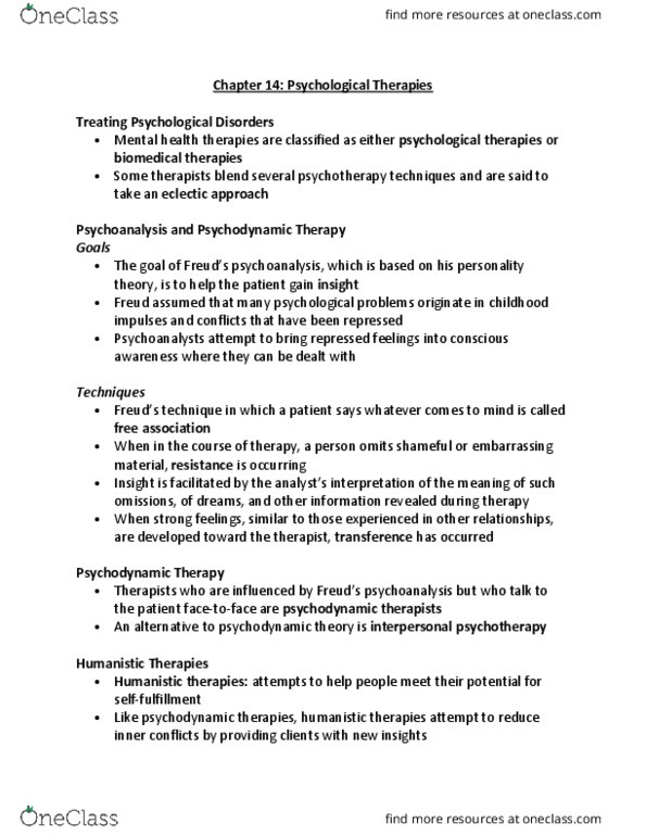 PSY 202 Chapter Notes - Chapter 14: Interpersonal Psychotherapy, Psychodynamics, Psychoanalysis thumbnail