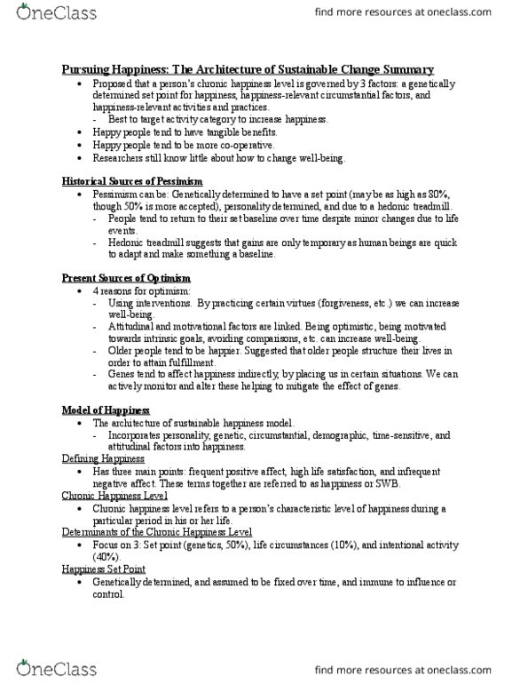 PSY336H1 Chapter Notes - Chapter N/A: Hedonic Treadmill, Pessimism, Negative Affectivity thumbnail