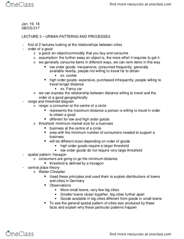 GEOG 217 Lecture Notes - Lecture 3: Central Place Theory thumbnail