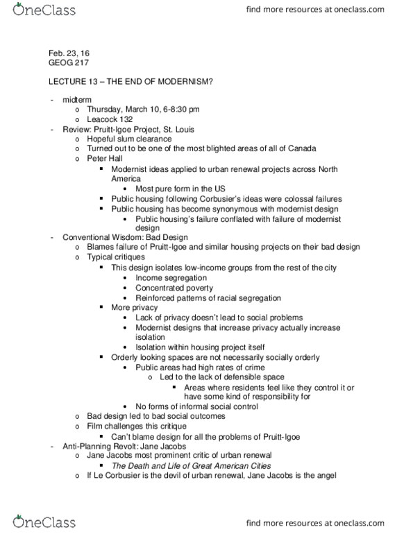 GEOG 217 Lecture Notes - Lecture 13: Le Corbusier, Informal Social Control, Urban Renewal thumbnail