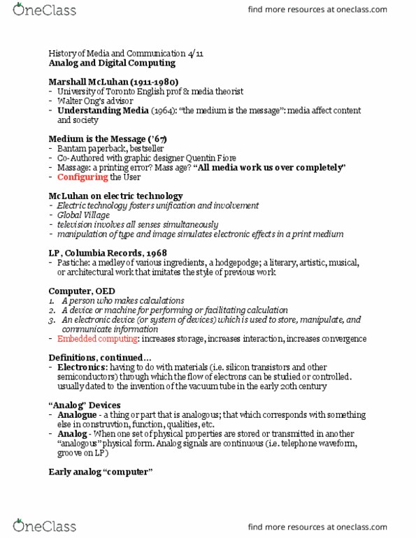 MCC-UE 3 Lecture Notes - Lecture 18: Quentin Fiore, Differential Analyser, Analog Computer thumbnail