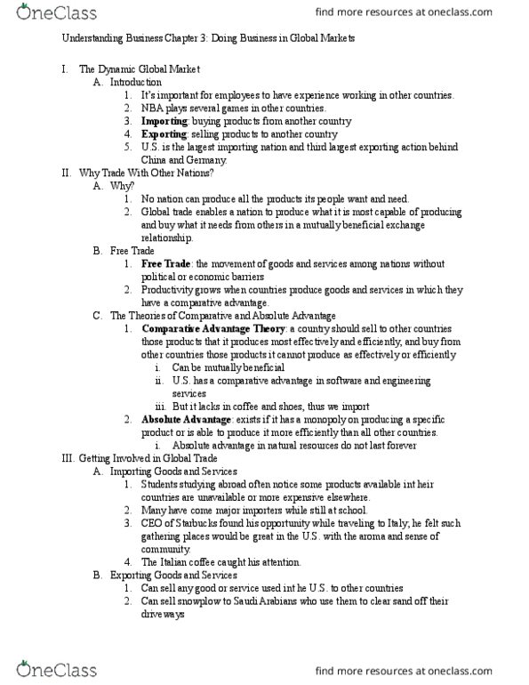 BUS 1000 Chapter Notes - Chapter 3: Shendi, Import License, Absolute Advantage thumbnail