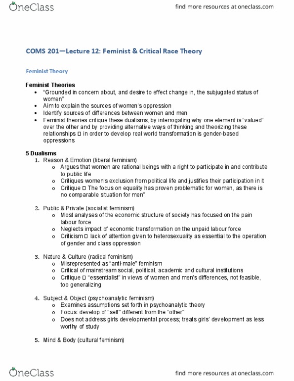 COMS 201 Lecture Notes - Lecture 12: Critical Race Theory, Feminist Theory, Socialist Feminism thumbnail