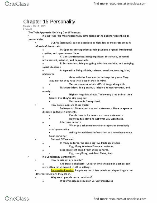 PSY BEH 11C Lecture Notes - Lecture 15: Sigmund Freud, Extraversion And Introversion, Agreeableness thumbnail