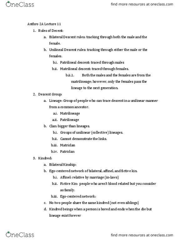 ANTHRO 2A Lecture Notes - Lecture 11: Patrilineality, Kinship thumbnail