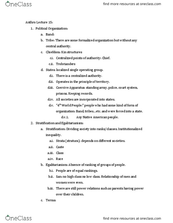 ANTHRO 2A Lecture Notes - Lecture 15: Egalitarianism, Achieved Status, Skilled Worker thumbnail