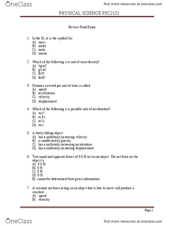 PSC 2121 Lecture Notes - Lecture 2: Net Force, Density, Calorie thumbnail