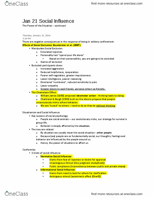 PSY BEH 104S Lecture Notes - Lecture 4: Solitary Confinement, Social Influence, Ideomotor Phenomenon thumbnail