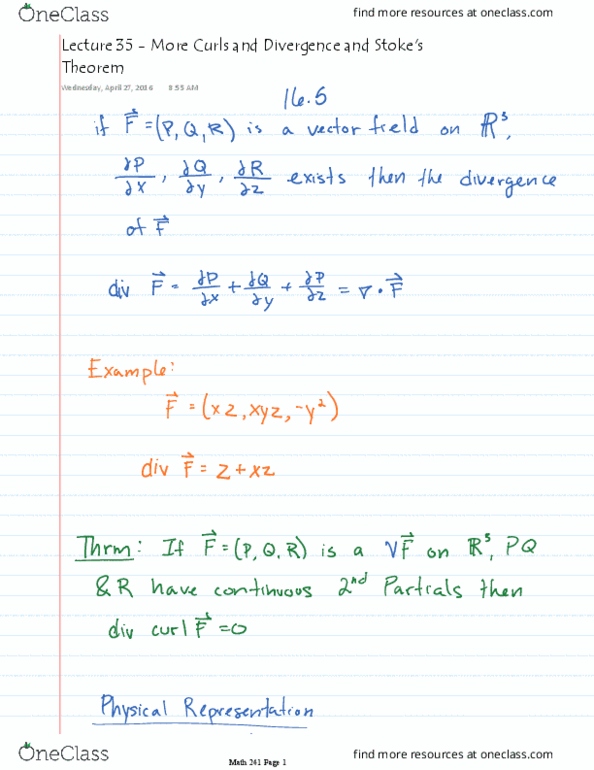 MATH 241 Lecture 35: Lecture 35 - More Curls and Divergence and Stoke's Theorem thumbnail