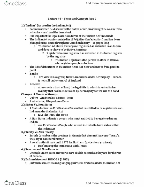 ANTH 2660 Lecture Notes - Lecture 2: Indian Register, Treaty 4, Indian Act thumbnail