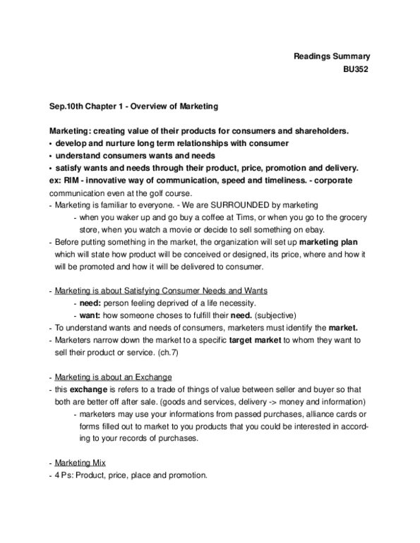BU352 Chapter Notes - Chapter 1: Massage, Marketing Mix, Customer Relationship Management thumbnail