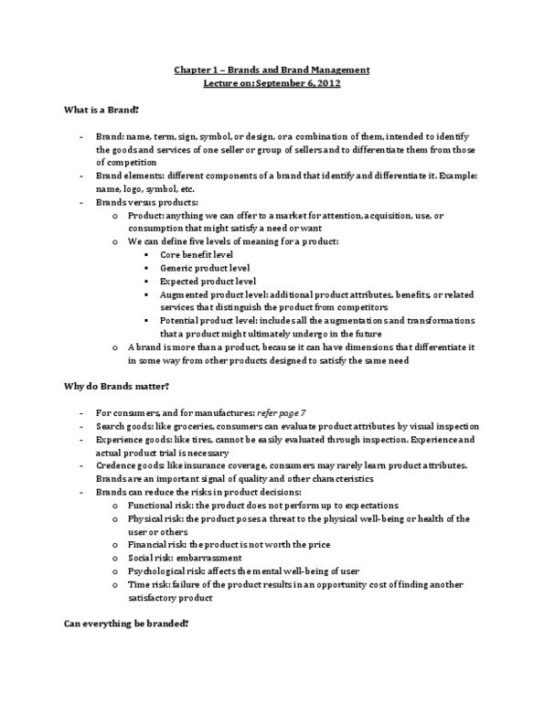 MKT 510 Chapter Notes - Chapter 1: Brand Management, Financial Risk, Opportunity Cost thumbnail
