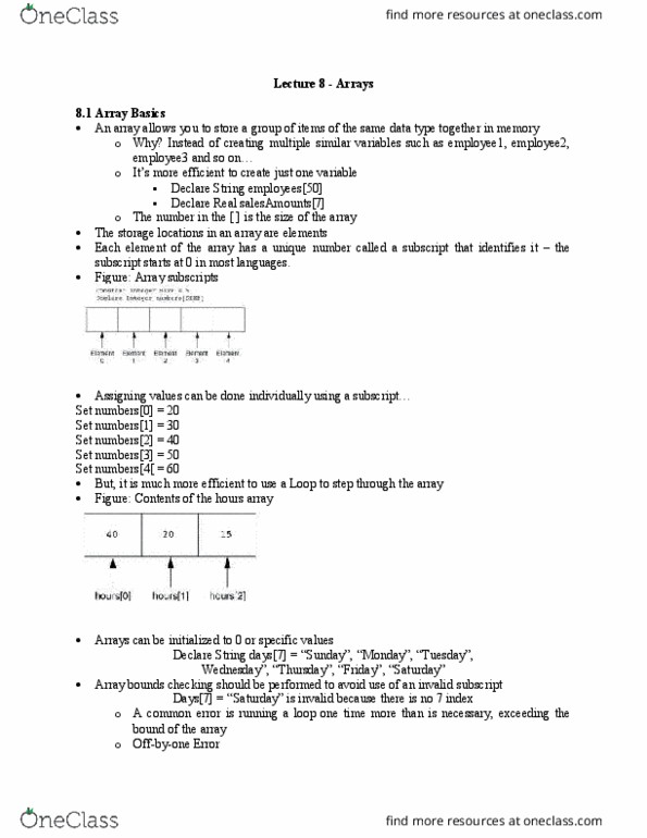 APCO 1P93 Lecture Notes - Lecture 10: Array Data Structure, Bounds Checking, Linear Search thumbnail