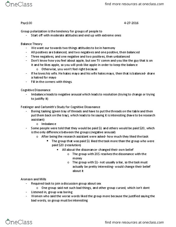 PSYC 100 Lecture Notes - Lecture 10: Group Polarization, Self-Awareness, Self-Perception Theory thumbnail