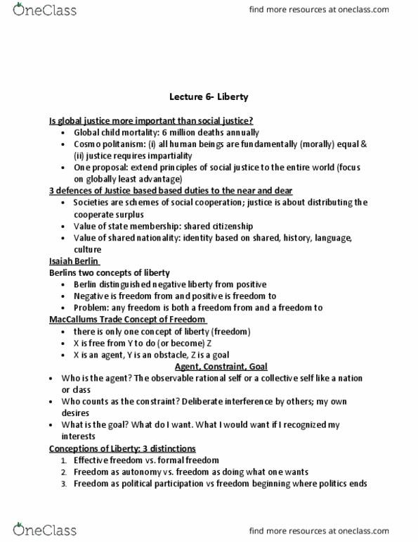 Political Science 1020E Lecture Notes - Lecture 6: Negative Liberty, Classical Republicanism thumbnail