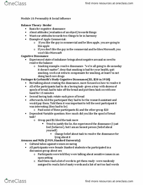 PSYC 100 Lecture Notes - Lecture 10: Cognitive Dissonance, Social Influence, Fundamental Attribution Error thumbnail