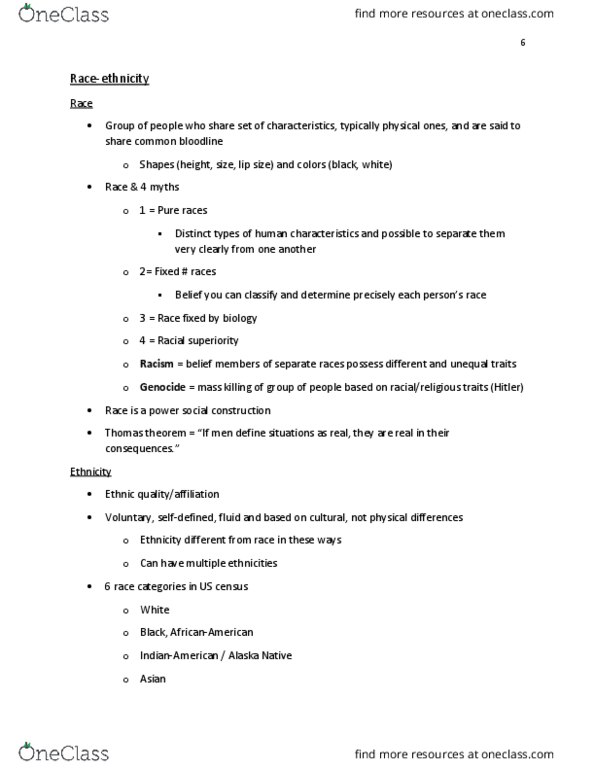 SOC 101 Lecture Notes - Lecture 10: Thomas Theorem, Endogamy, Minority Group thumbnail