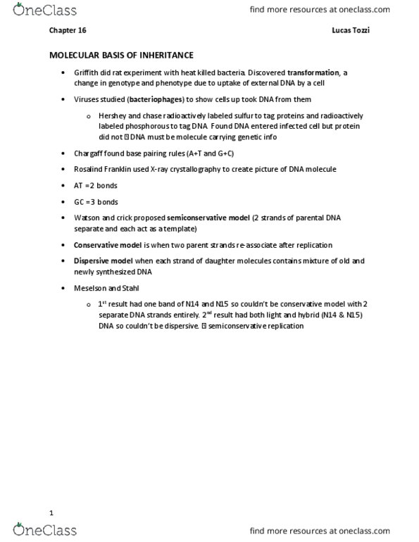 BIL 150 Chapter Notes - Chapter 16: Semiconservative Replication, Dna Replication, Okazaki Fragments thumbnail