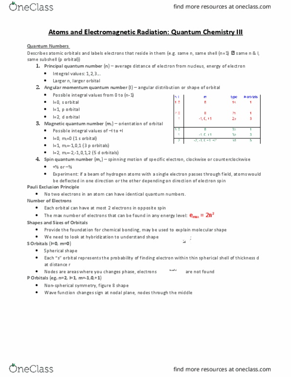 CHEM 112 Lecture Notes - Lecture 3: Magnetic Quantum Number, Principal Quantum Number, Pauli Exclusion Principle thumbnail