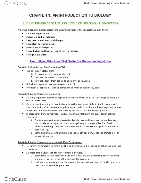 BIOL 102 Lecture Notes - Lecture 1: Homeostasis, Cell Theory, Organism thumbnail