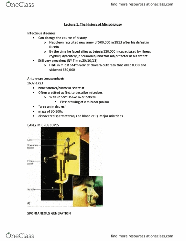 MICR 221 Lecture Notes - Lecture 1: Postpartum Infections, Antonie Van Leeuwenhoek, Septicemic Plague thumbnail