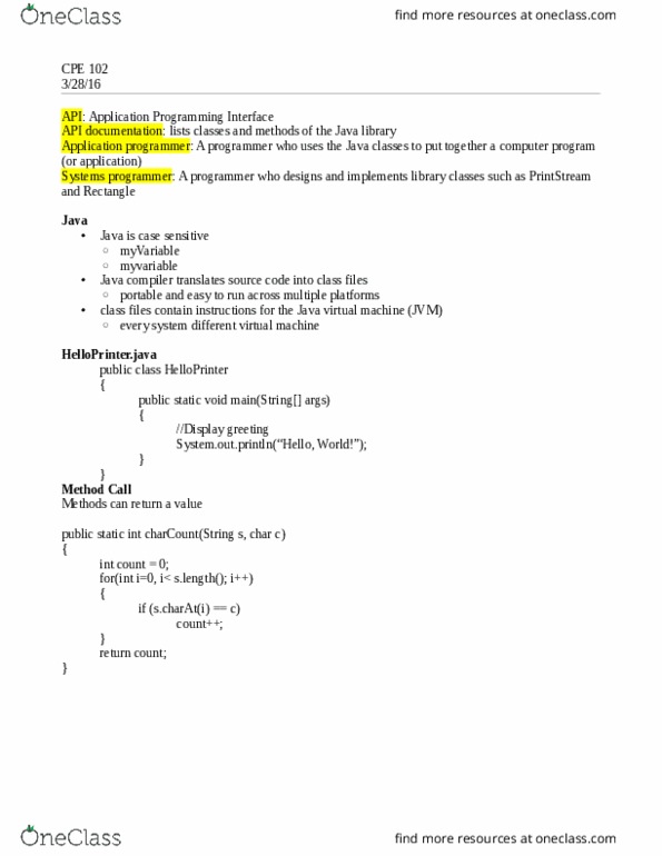 CPE 102 Lecture Notes - Lecture 1: Application Programming Interface thumbnail
