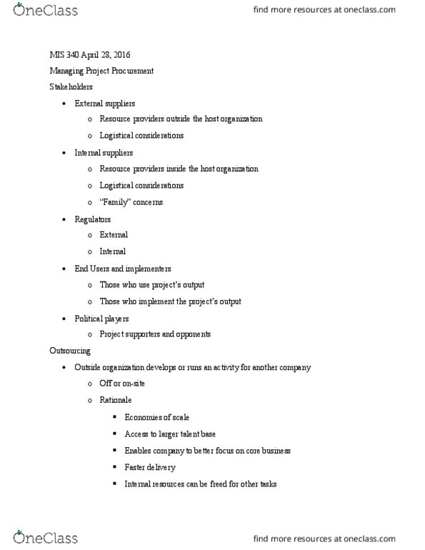 MIS 340 Lecture Notes - Lecture 28: Project Management Body Of Knowledge, Outsourcing, Payment System thumbnail