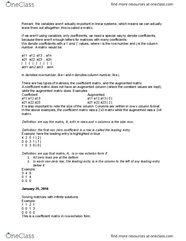 MATH125 Lecture Notes - Lecture 4: Row Echelon Form, Augmented Matrix, Coefficient Matrix thumbnail